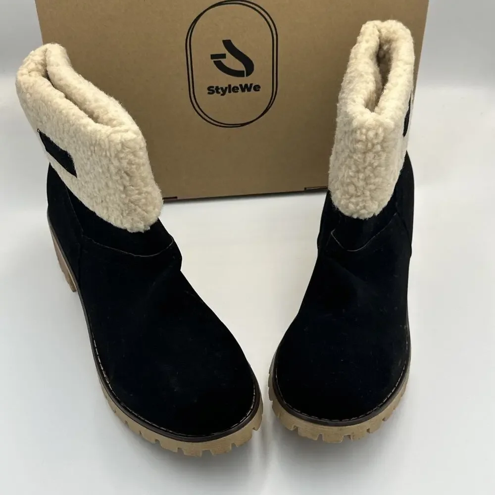 Chunky Ankle Boots Women's Size 10.5 ( Euro 43)‎ Black Faux Suede Sherpa Upper